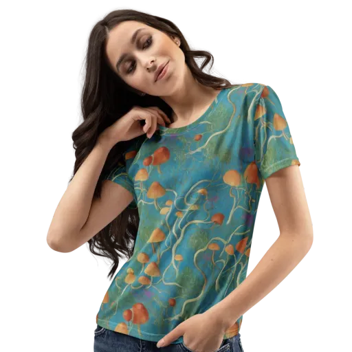 Azure Mushroom Meadow on a Women's Crew Neck T-Shirt