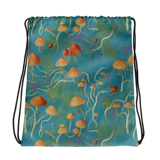 Azure Mushroom Meadow on a Drawstring Bag