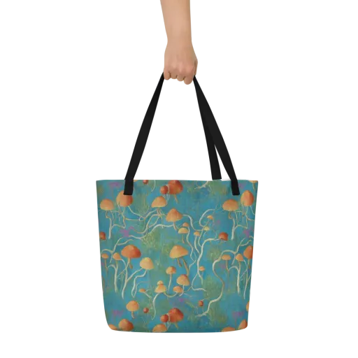 Azure Mushroom Meadow on a Large Tote Bag W/ Pocket