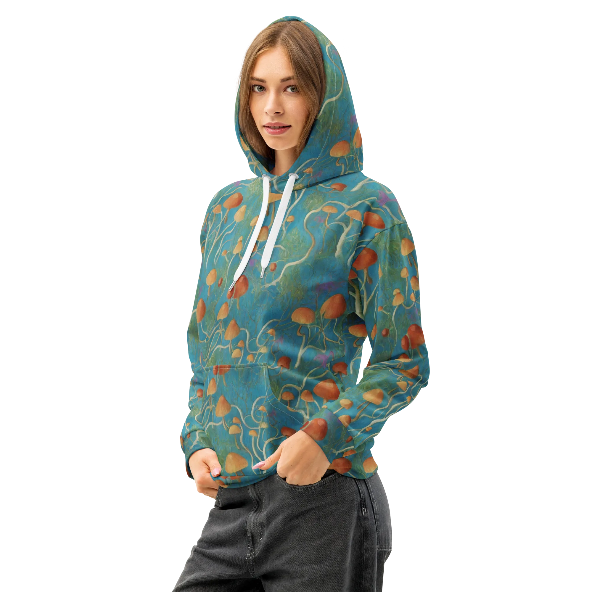 Azure Mushroom Meadow on Cotton Hoodie — Left Front