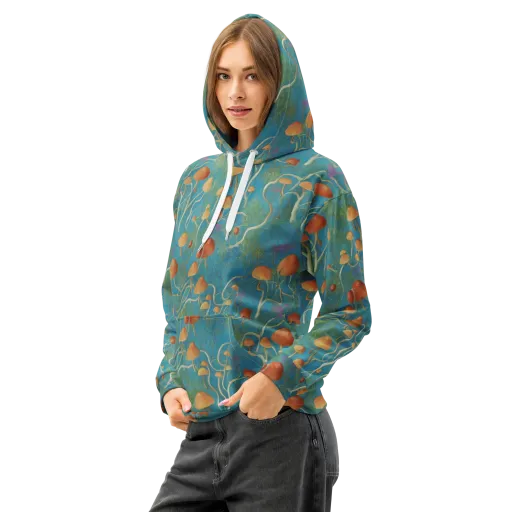 Azure Mushroom Meadow on a Cotton Hoodie