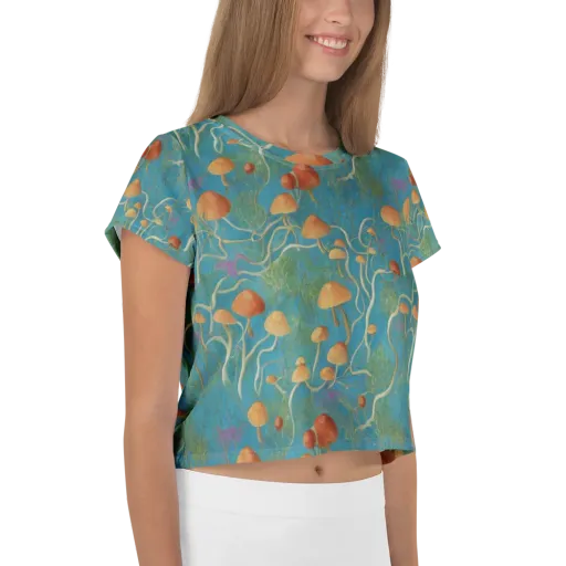 Azure Mushroom Meadow on a Crop Tee