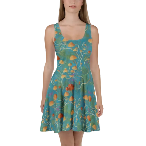 Azure Mushroom Meadow on a Skater Dress