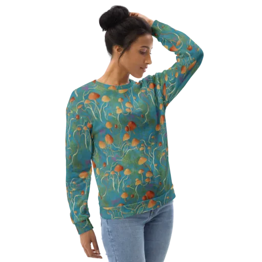 Azure Mushroom Meadow on a Sweatshirt