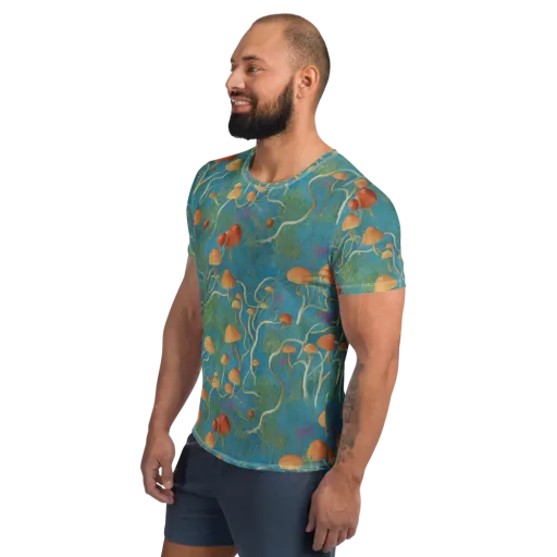Azure Mushroom Meadow on a Men's Athletic T-Shirt