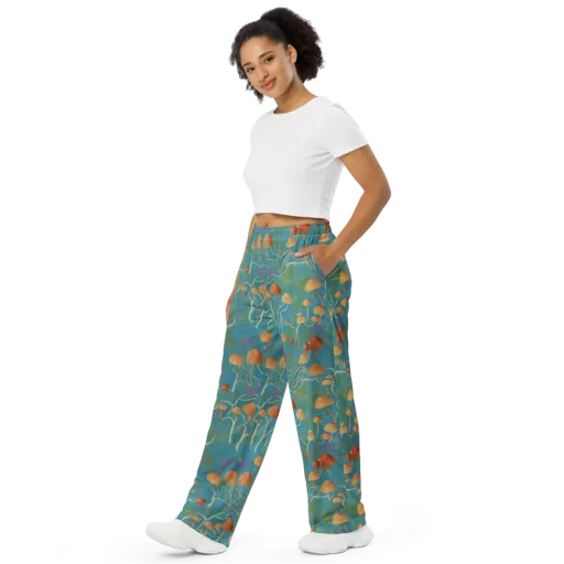 Azure Mushroom Meadow on a Wide-Leg Pants