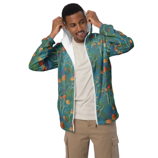 Azure Mushroom Meadow on a Men's Windbreaker