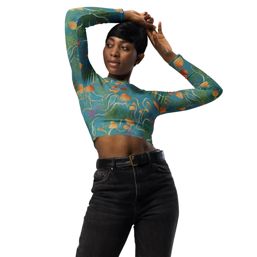 Azure Mushroom Meadow on Long Sleeve Crop Top — Front