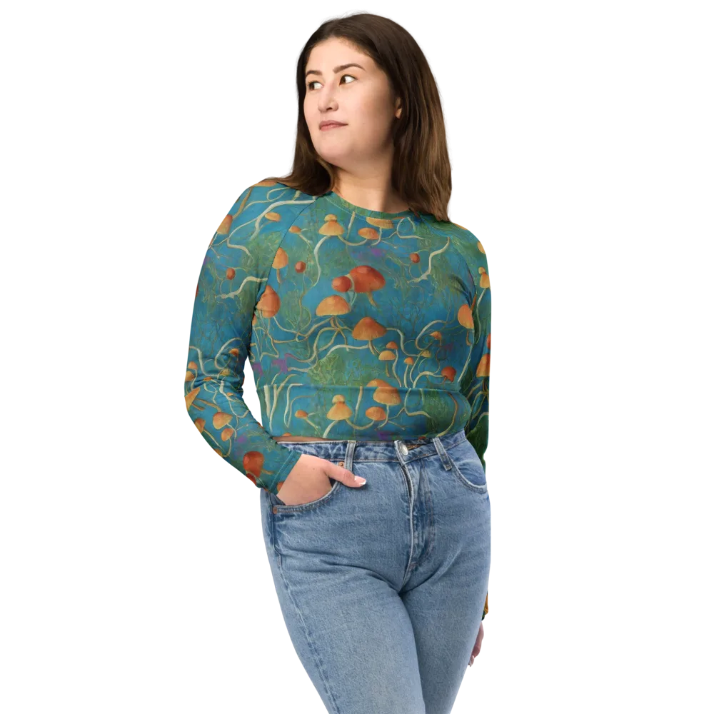 Azure Mushroom Meadow on Long Sleeve Crop Top — Front