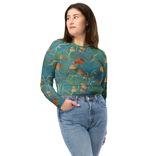 Azure Mushroom Meadow on a Long Sleeve Crop Top