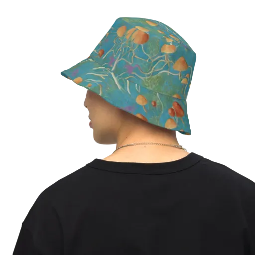 Azure Mushroom Meadow on a Reversible Bucket Hat