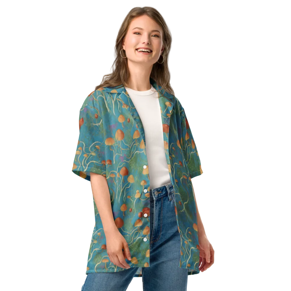 Azure Mushroom Meadow on Button Shirt — Front