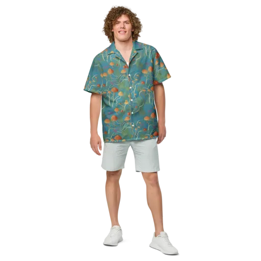Azure Mushroom Meadow on a Button Shirt