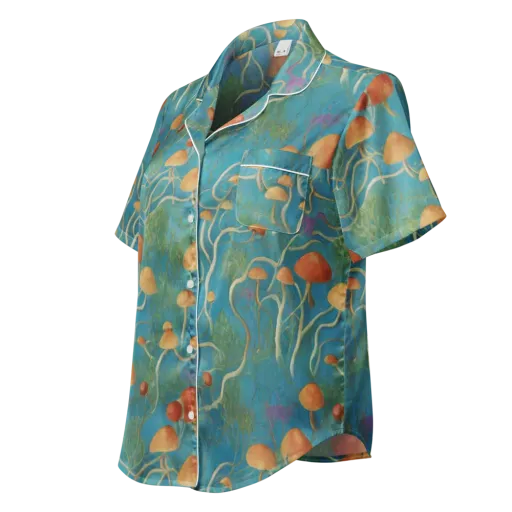 Azure Mushroom Meadow on a Women's Short Sleeve Pajama Top