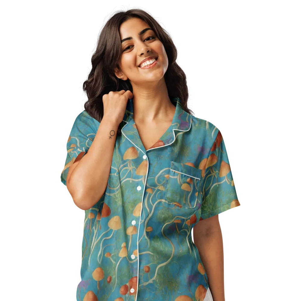 Azure Mushroom Meadow on Women's Short Sleeve Pajama Top — Front