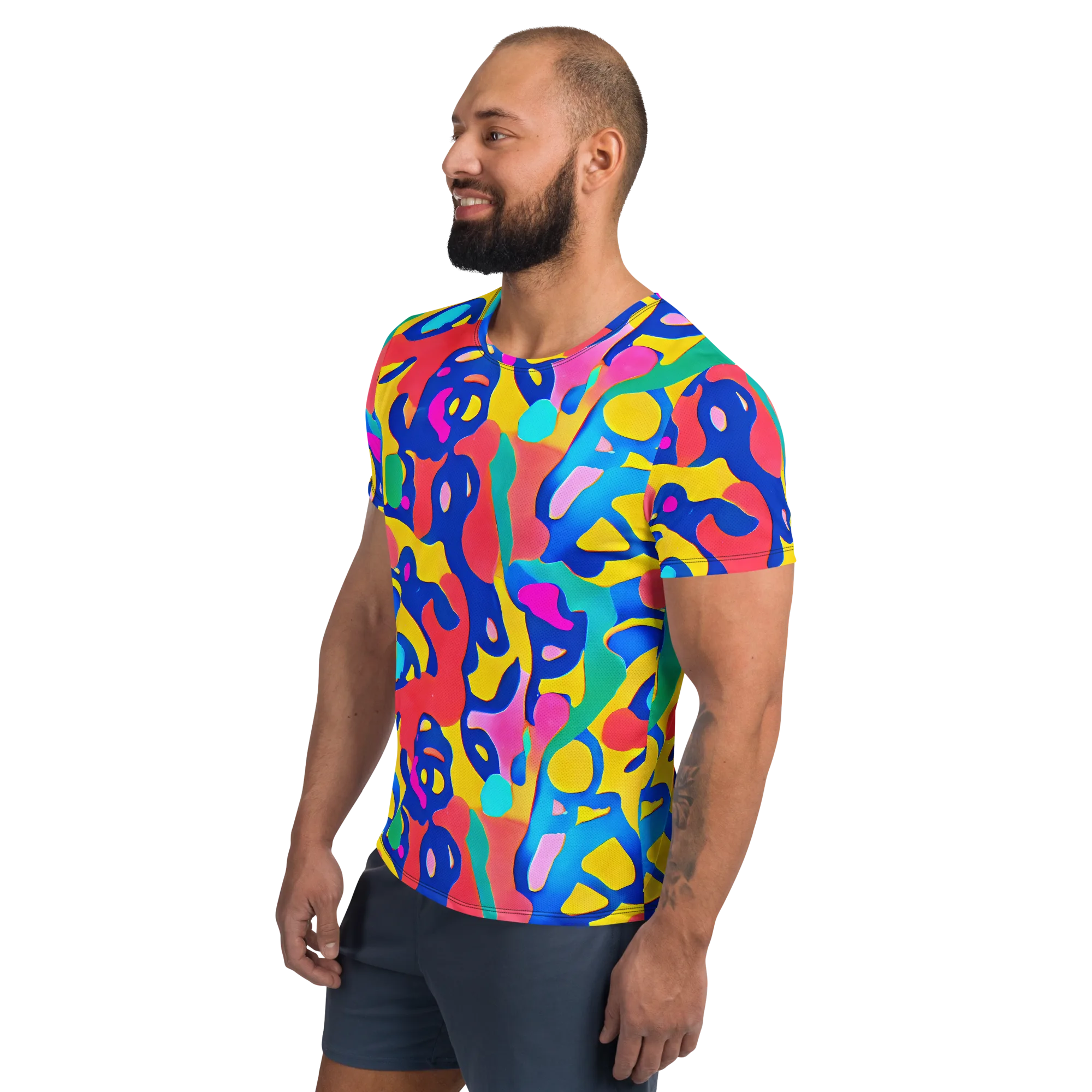 Electric Spill on Men's Athletic T-Shirt — Left