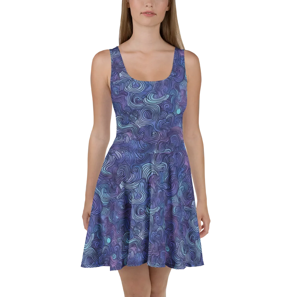 Blue Hour Waves on Skater Dress — Front
