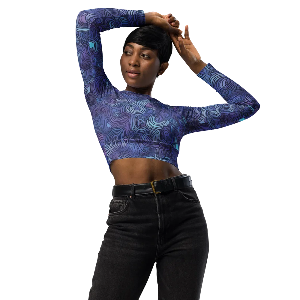 Blue Hour Waves on Long Sleeve Crop Top — Front