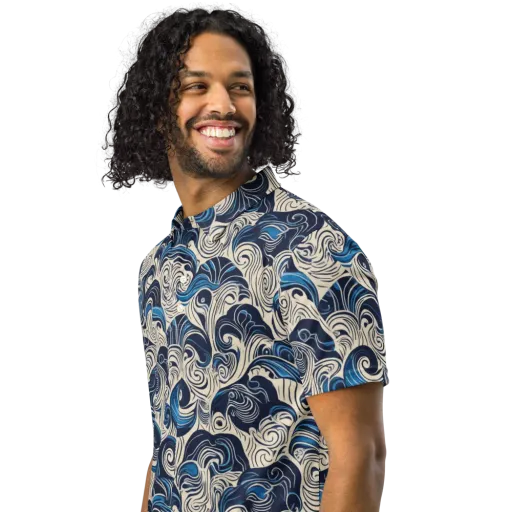 Indigo Tidal Bloom on a Men's Slim Fit Polo Shirt