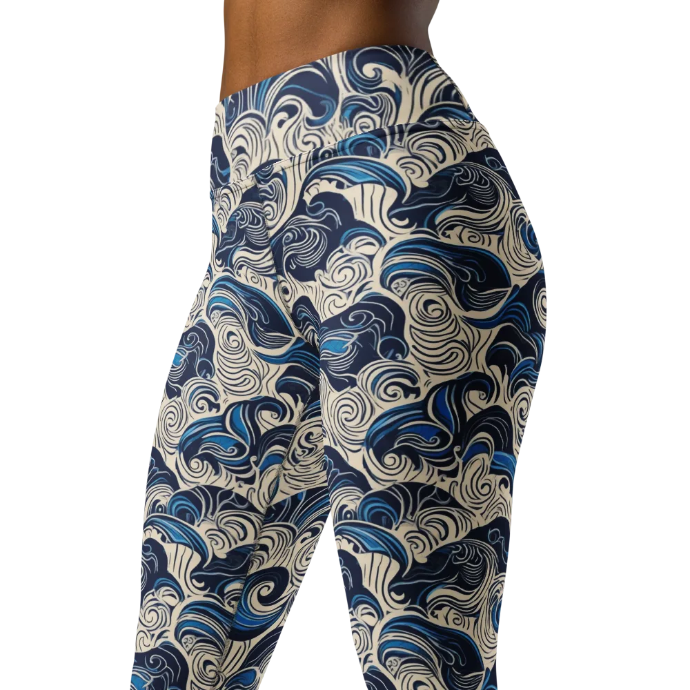 Indigo Tidal Bloom on Yoga Leggings — Left Front