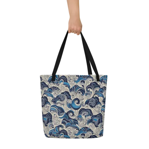 Indigo Tidal Bloom on a Large Tote Bag W/ Pocket
