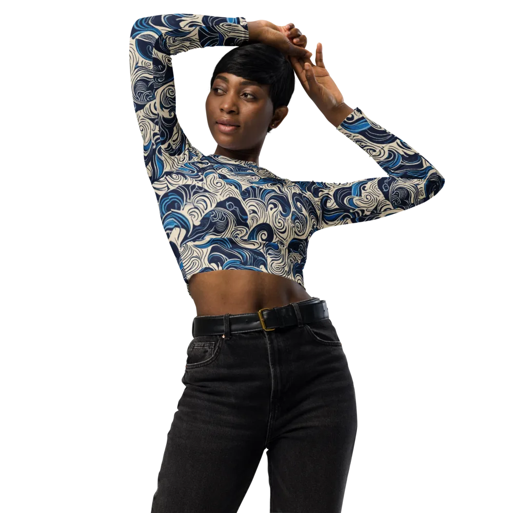 Indigo Tidal Bloom on Long Sleeve Crop Top — Front