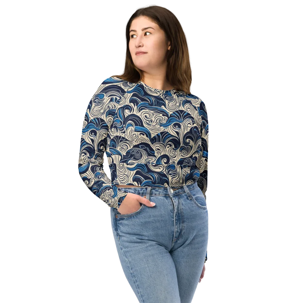 Indigo Tidal Bloom on Long Sleeve Crop Top — Front