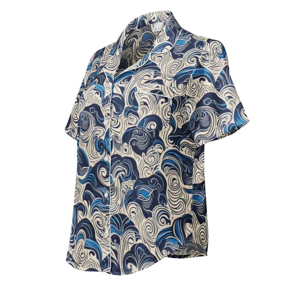 Indigo Tidal Bloom on Women's Short Sleeve Pajama Top — Left Front