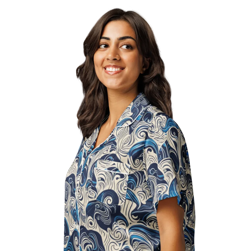Indigo Tidal Bloom on Women's Short Sleeve Pajama Top — Left Front
