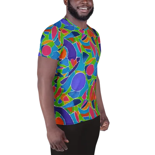Vivid Fragments on a Men's Athletic T-Shirt