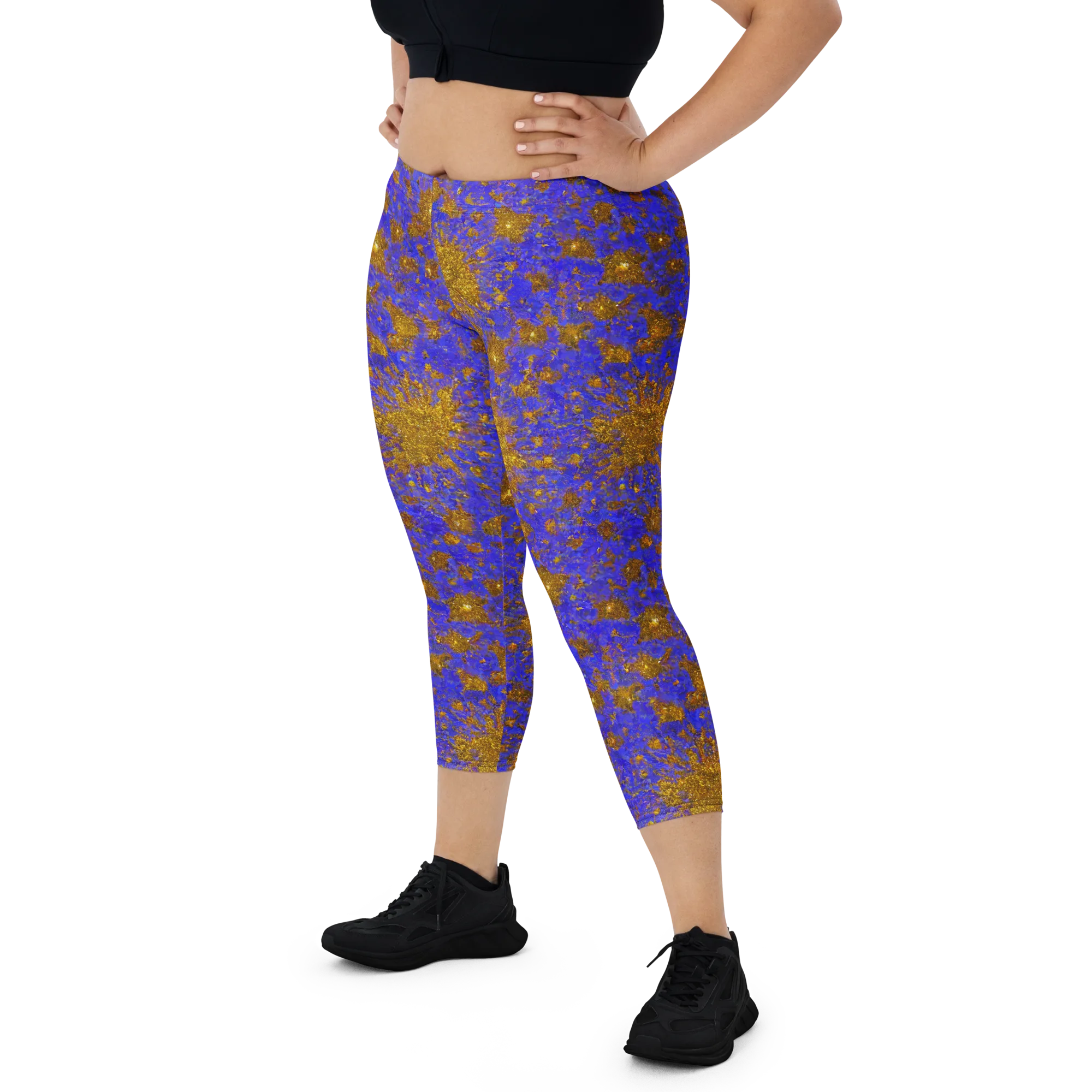 Cobalt Gold Rush on Capri Leggings — Front