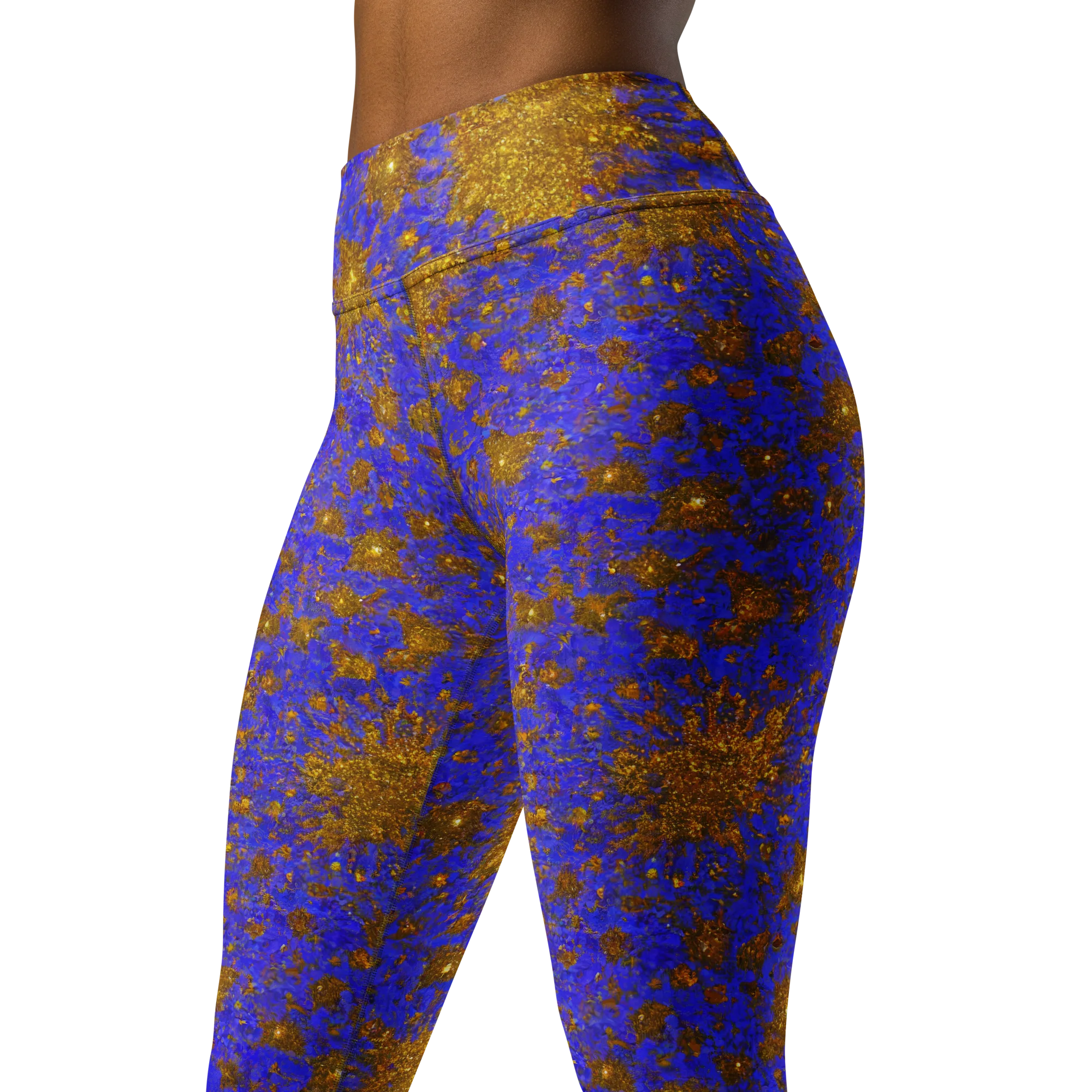 Cobalt Gold Rush on Yoga Leggings — Left Front