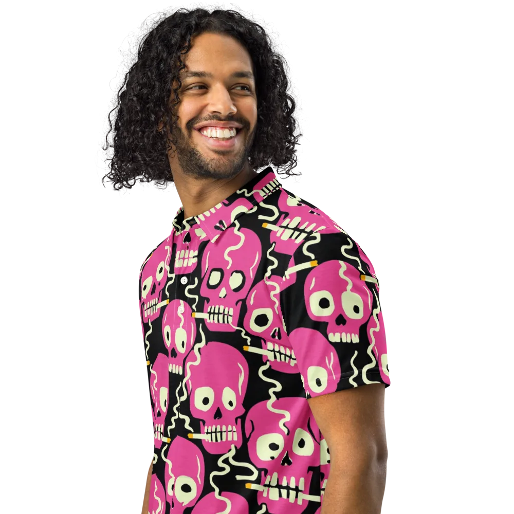 Sugar Skull Static on Men's Slim Fit Polo Shirt — Left Front