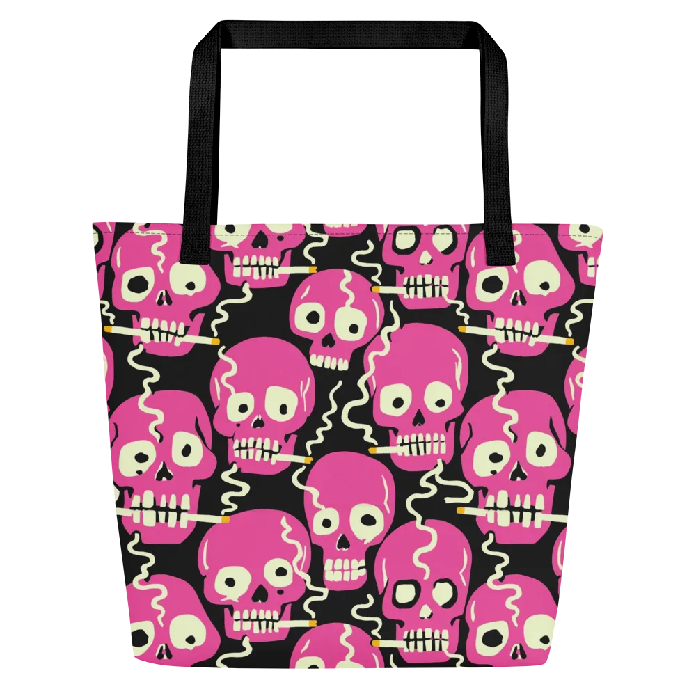 Sugar Skull Static on Large Tote Bag W/ Pocket — Front