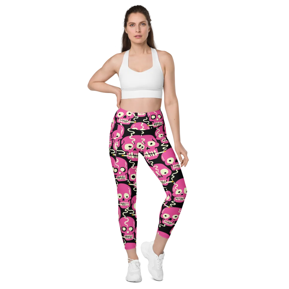 Sugar Skull Static on Leggings with Pockets — Front