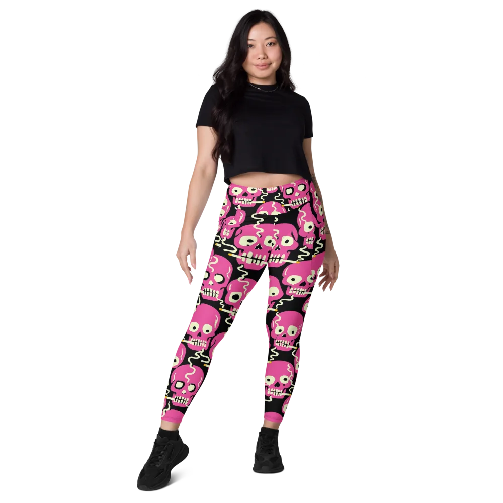 Sugar Skull Static on Leggings with Pockets — Front