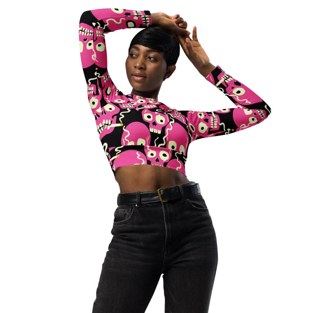 Sugar Skull Static on Long Sleeve Crop Top — Front