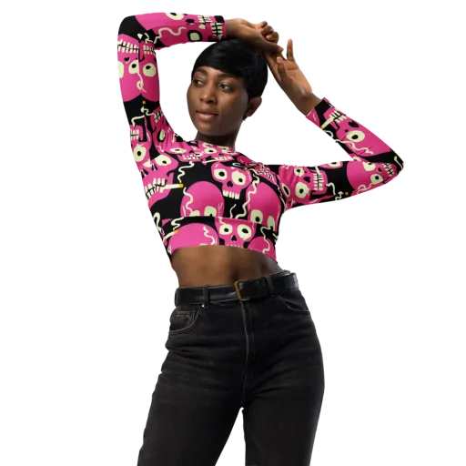 Sugar Skull Static on a Long Sleeve Crop Top