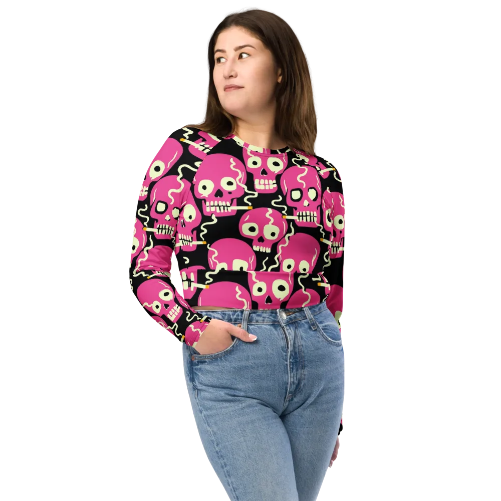 Sugar Skull Static on Long Sleeve Crop Top — Front