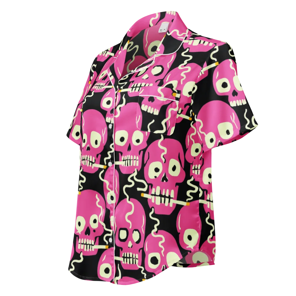 Sugar Skull Static on Women's Short Sleeve Pajama Top — Left Front