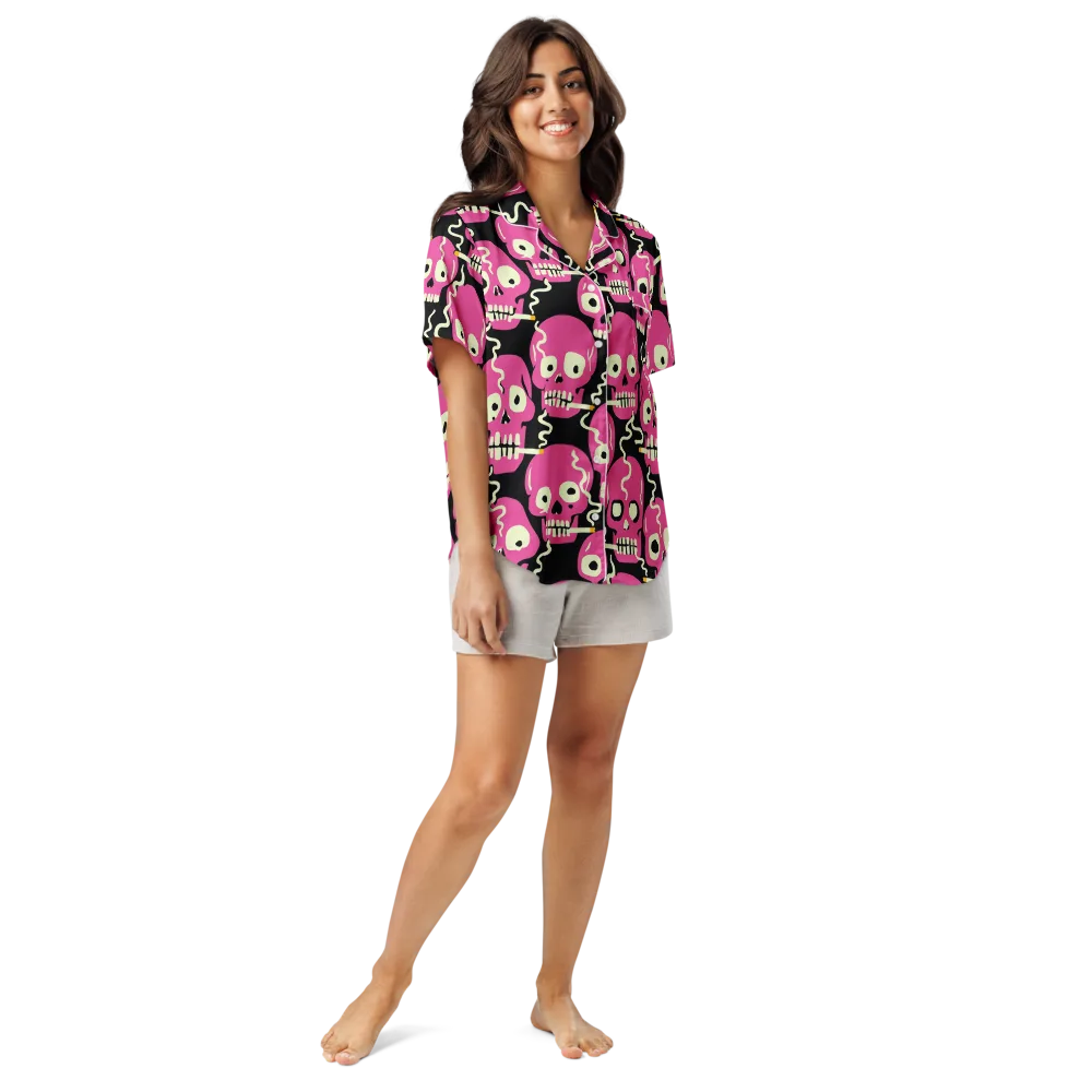 Sugar Skull Static on Women's Short Sleeve Pajama Top — Front