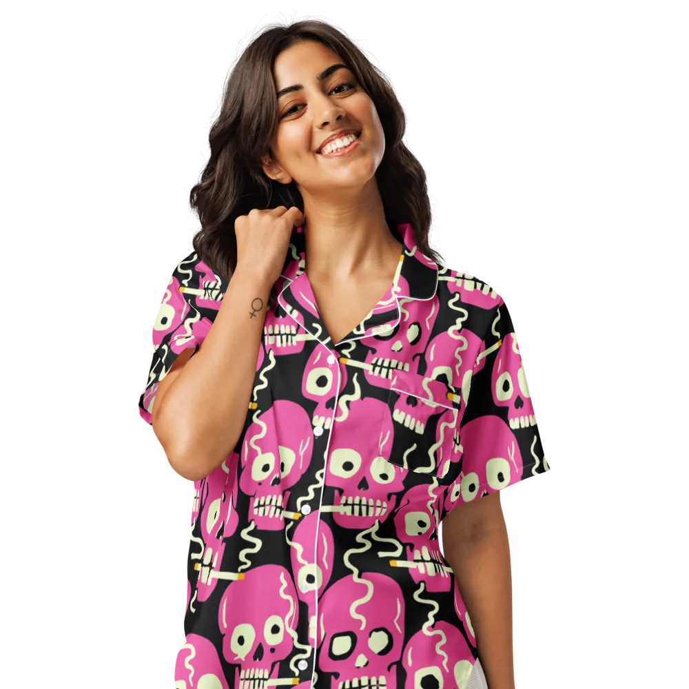 Sugar Skull Static on Women's Short Sleeve Pajama Top — Front