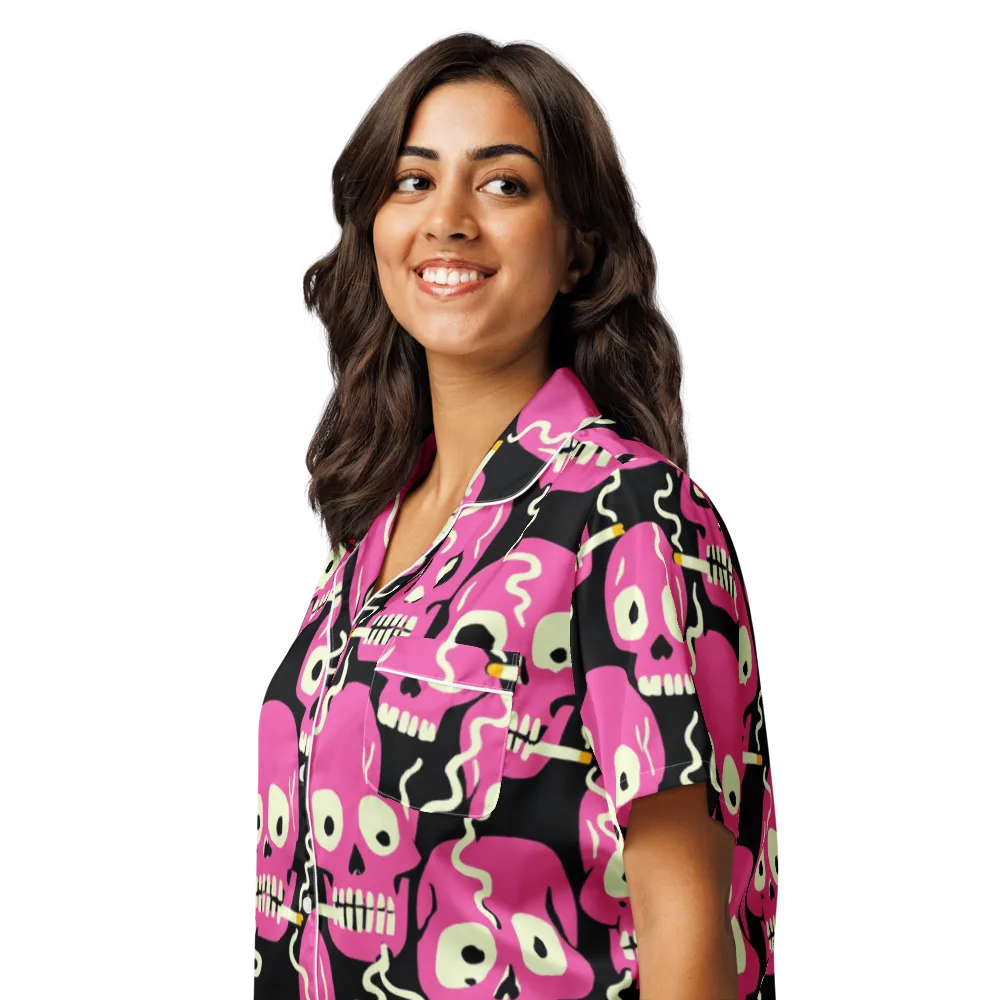 Sugar Skull Static on Women's Short Sleeve Pajama Top — Left Front