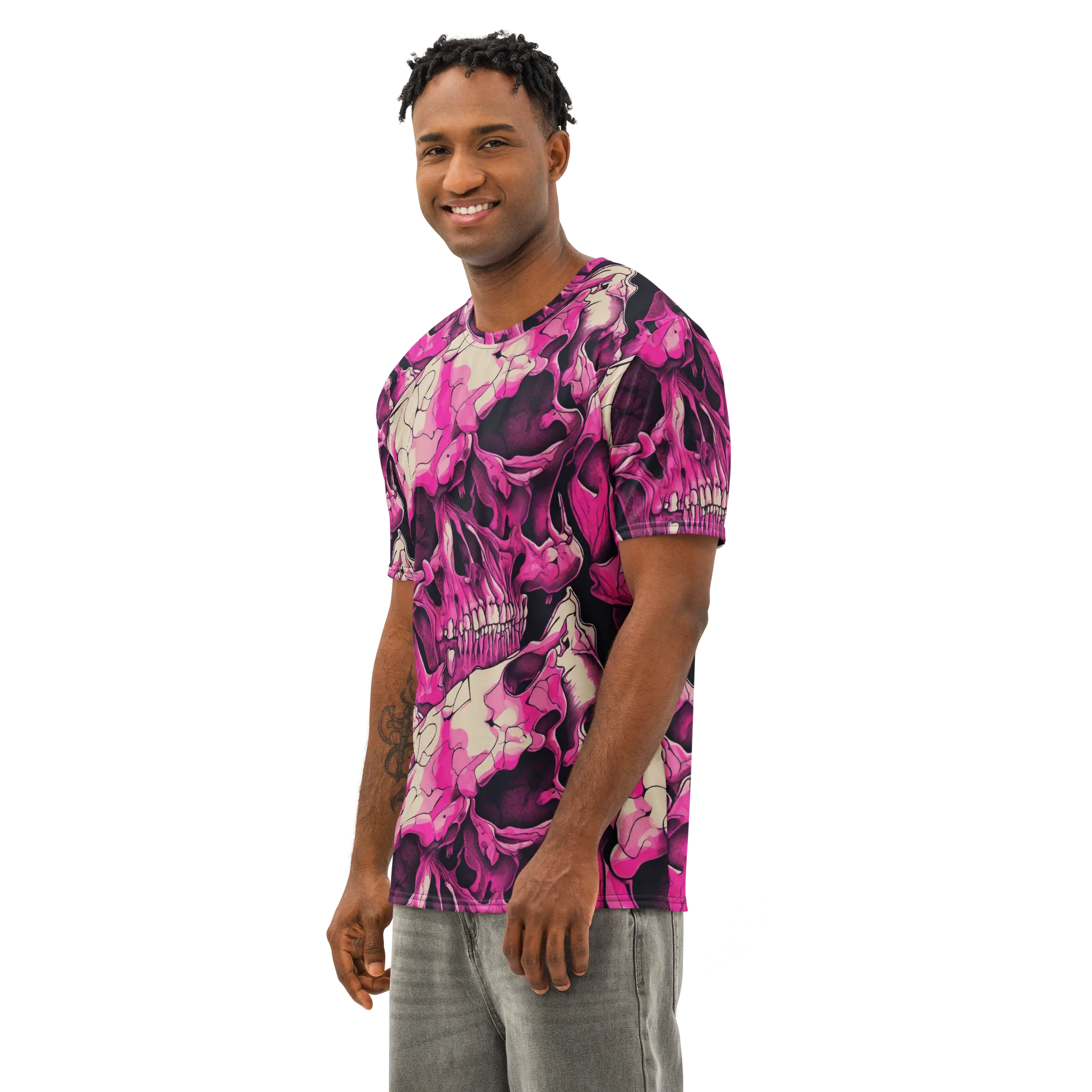Fuchsia Bones on Men's Cotton Crew Neck T-Shirt — Left Front