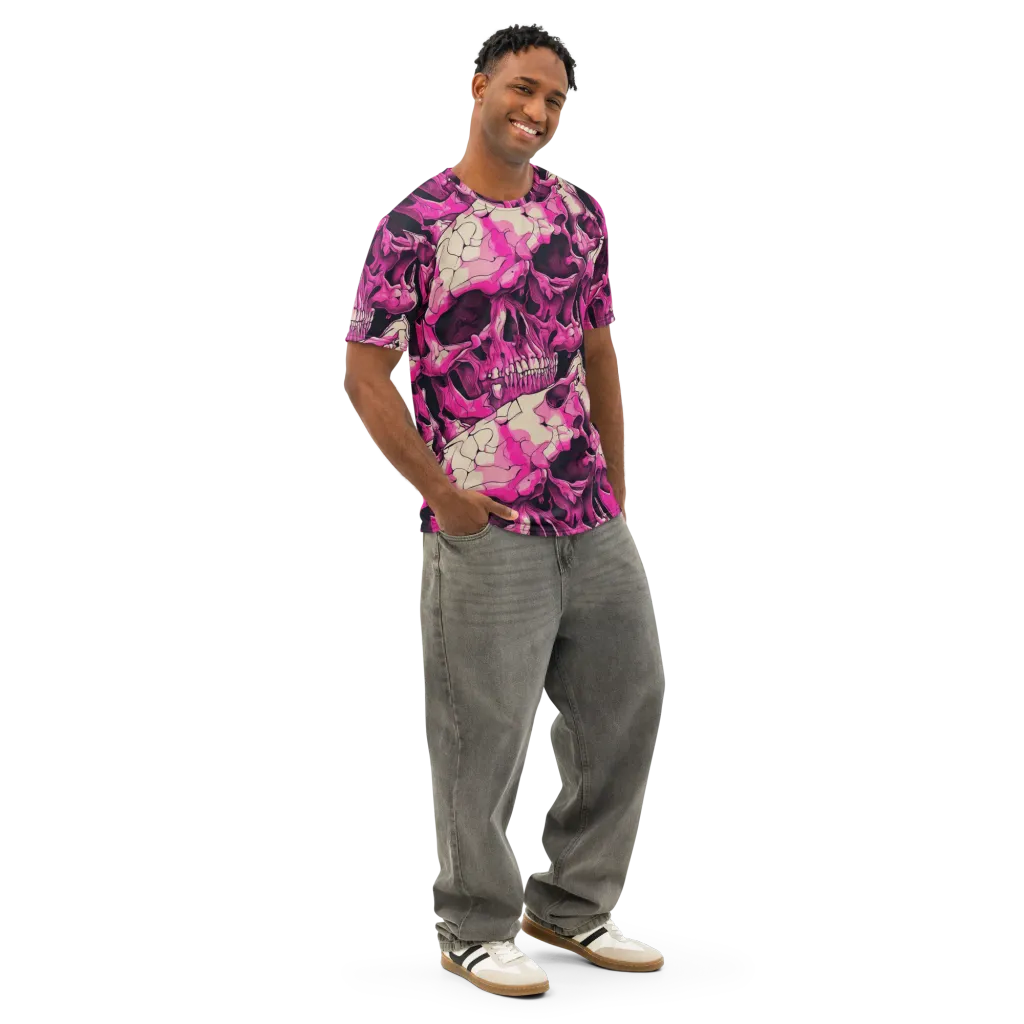 Fuchsia Bones on Men's Cotton Crew Neck T-Shirt — Right Front