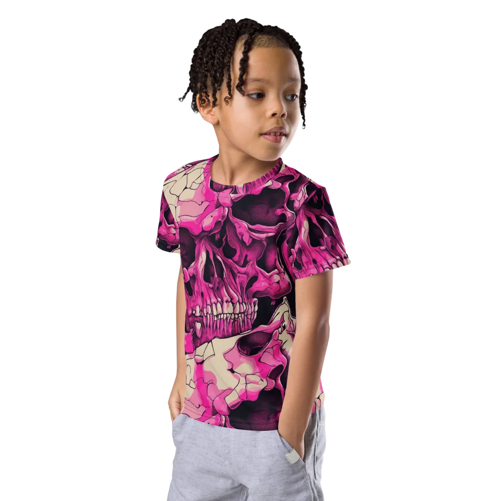 Fuchsia Bones on Kids Crew Neck T-Shirt — Left Front