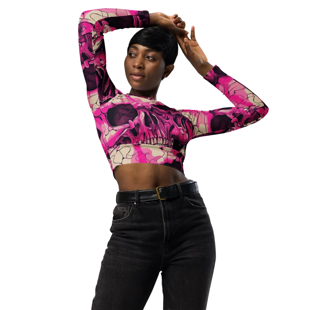 Fuchsia Bones on Long Sleeve Crop Top — Front