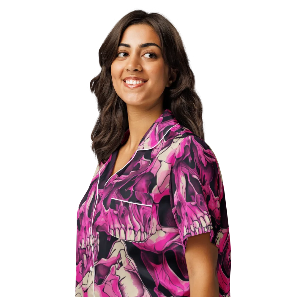 Fuchsia Bones on Women's Short Sleeve Pajama Top — Left Front