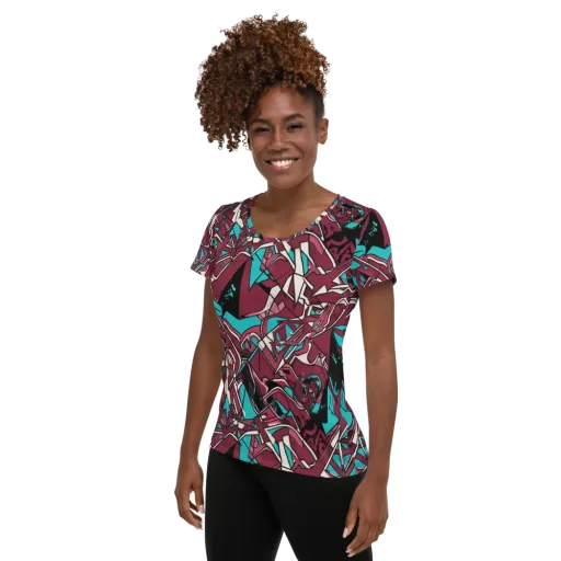 Magenta Fracture on a Women's Athletic T-Shirt