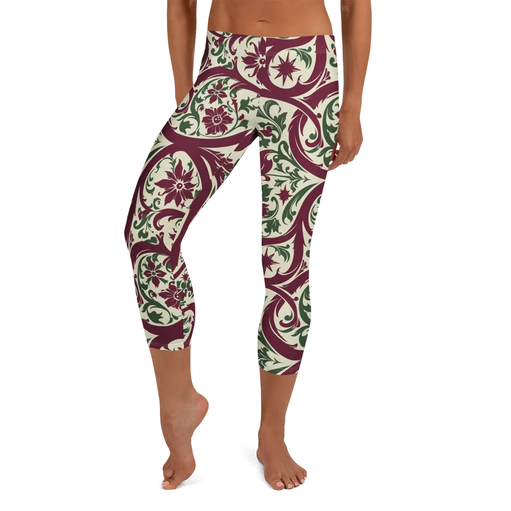 Burgundy Paisley Garden on Capri Leggings — Front